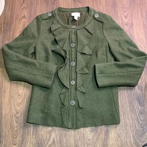 Chico’s green wool blend ruffle jacket / sweater‎ / earthy cottagecore